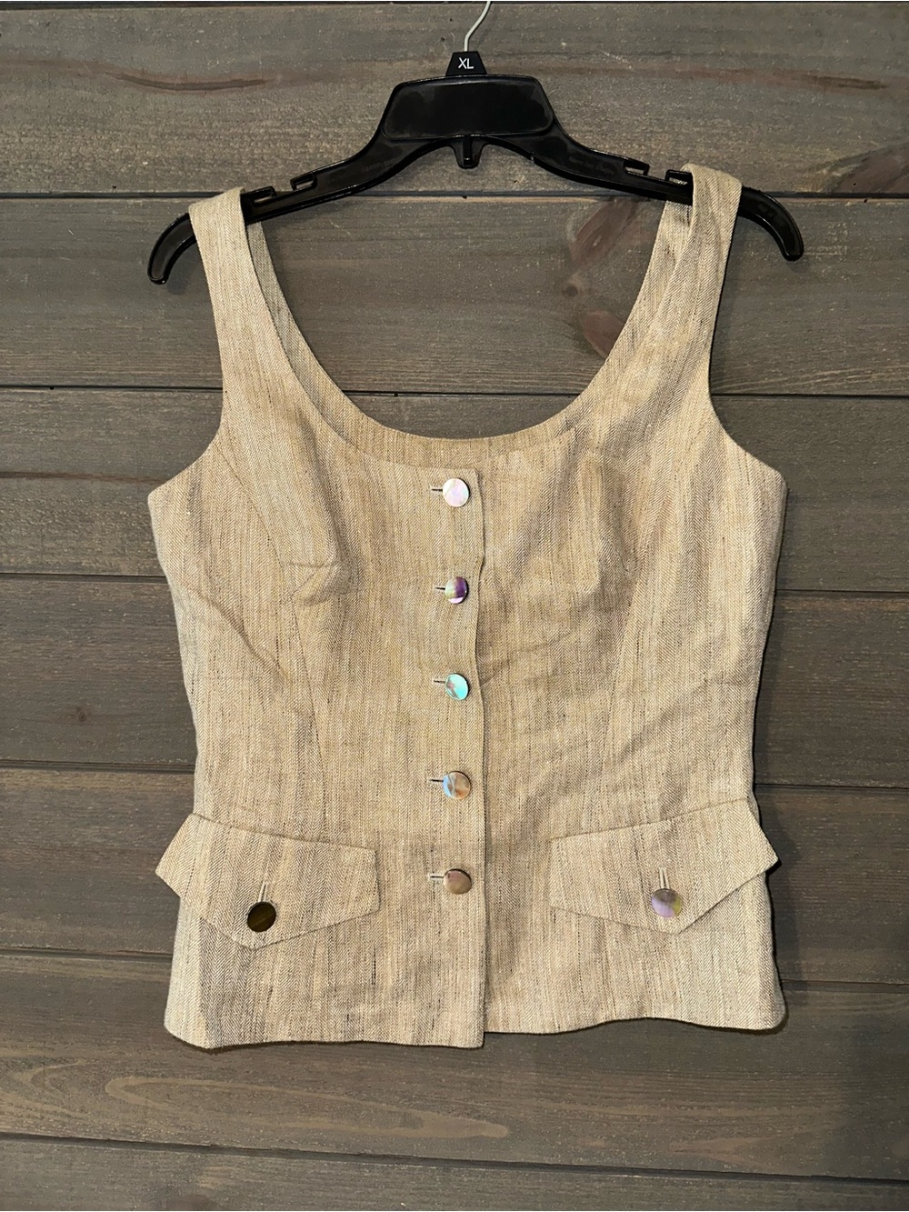 ESCADA Sleeveless Linen Tweed-Texture Beige Button Front Women's Top